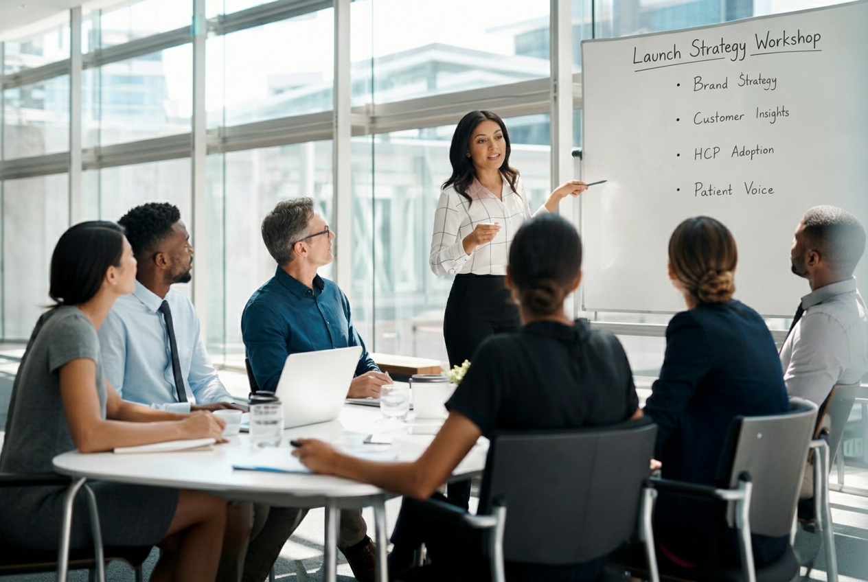 Pharma brand team in a glass-walled meeting room with one executive leading a discussion at a whiteboard listing brand strategy, customer insights, HCP adoption and patient voice